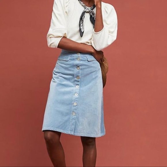 Anthropologie Light Sky Blue Corduroy Button Up Skirt A-line cord Sz 2 stretch - Picture 1 of 8
